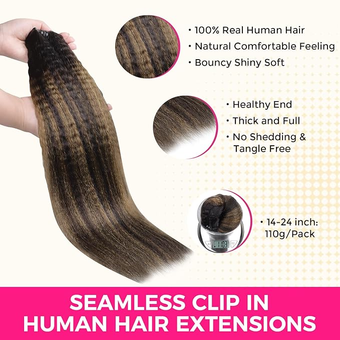 Lashey Seamless Clip in Hair Extensions Human Hair 110g 7pcs 18 Inch Kinky Straight Natural Black Mixed Chestnut Brown Hair Extensions Real Human Hair with Soft PU Invisible Edge