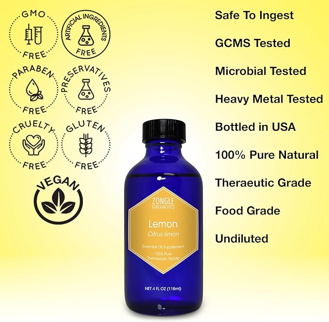 Lemon Essential Oil, Food Grade, for Cooking, Baking – 100% Pure, Lemon Oil, by Zongle Therapeutics, 4 OZ