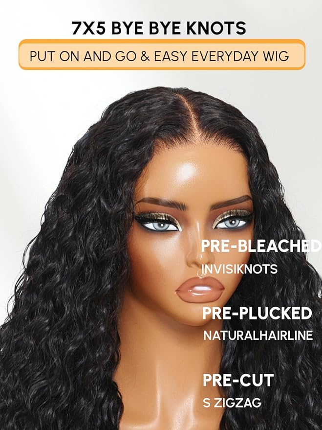 Julia Hair Loose Curly Wave Glueless Wigs Human Hair 7x5 HD Lace Closure Bye Bye Knots Mixed Curls Wig with Invisi Drawstring Pre Plucked Pre Bleached Put on and Go Beginner Friendly 20 Inch