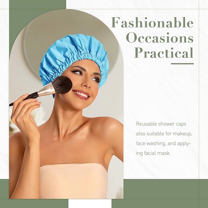 Reusable Shower Cap for Women, Large Waterproof Shower Bonnet Washable Elastic Band Bath Hair Hat for Long Hair, Braids(Lake Blue)