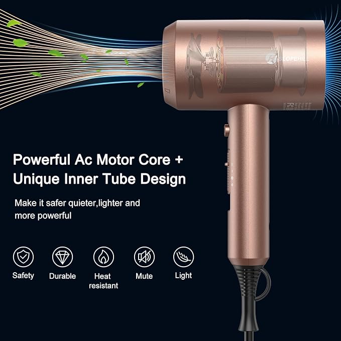 slopehill Professional Ionic Hair Dryer, Powerful 1800W Fast Drying Low Noise Blow Dryer with 2 Concentrator Nozzle 1 Diffuser Attachments for Home Salon Travel (Mocha Mousse)