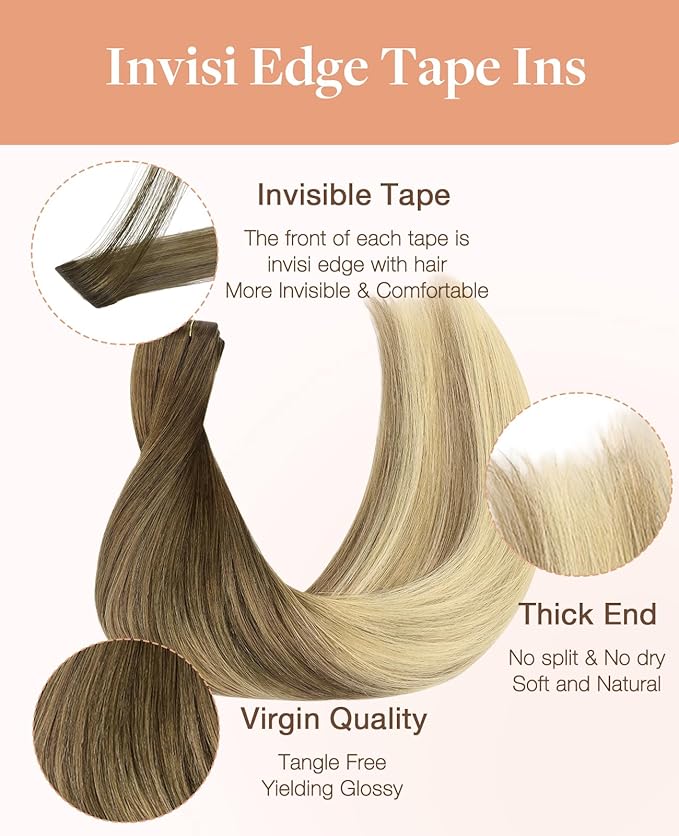 GOO GOO Invisi Edge Tape in Hair Extensions Human Hair, 3/8/613 Balayage Walnut Brown to Ash Brown and Bleach Blonde, 10pcs 18inch 25g, Virgin Remy Hair, Seamless Injected Tape, Natural Look