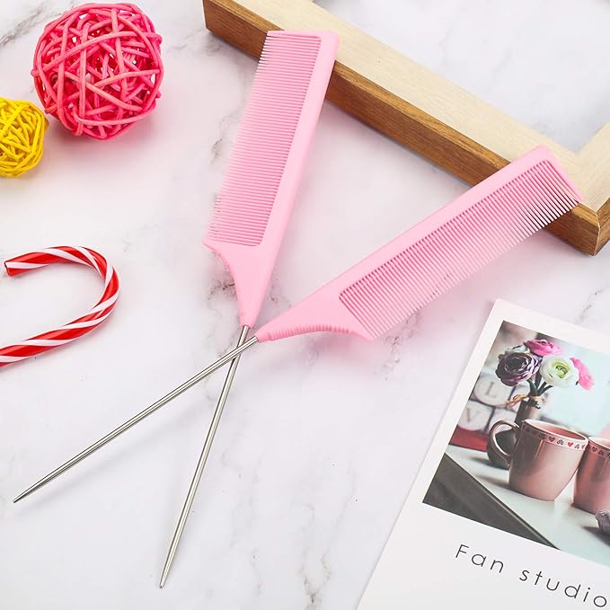 3 Packs 9 Inch Rat Tail Comb Carbon Fiber Heat Resistant Teasing Comb with Metal Pick Styling Parting Lightweight Sectioning Fine Tooth Combs for Women Girls