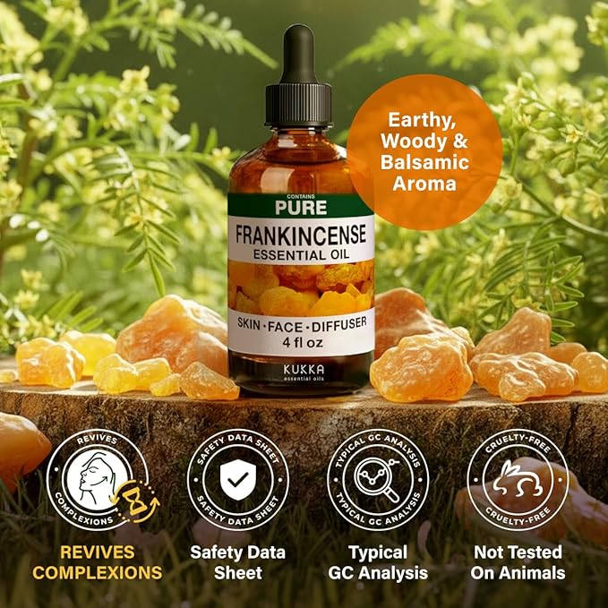 KUKKA Frankincense Essential Oils - 4 Fl Oz - for Hair, Skin, Diffuser, Aromatherapy & DIY Soap Making Scent