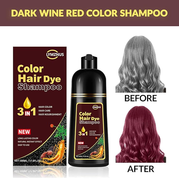 Hair Dye Shampoo 3 in 1 Dark Wine Red,Instant Hair Color Shampoo for Gray Hair Coverage for Men & Women, Burgundy Hair Shampoo and Red Hair Dye for All Hair Types 500ml