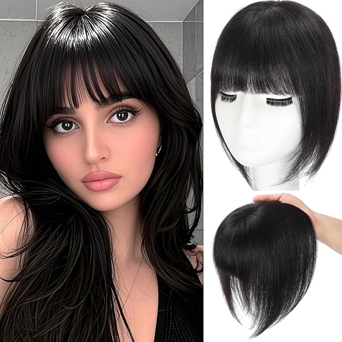 Hair Toppers for Women Real Human Hair, 360°3D Topper for Women with Thinning Crown Wispy Clip in Bangs Breathable Hand Tied Craft Big Coverage Hairpieces(Black（Big Coverage）, 12 Inch-3D-Wispy)