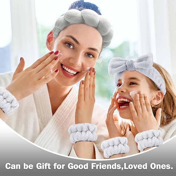 Zkptops 6Pcs Spa Headband for Washing Face Wristbands Set Women Bubble Skincare Makeup Sponge Terry Cloth Padded Puffy Headband Bow Tie Hairband Cute Non Slip Thick Hair Accessory Gifts (Grey)