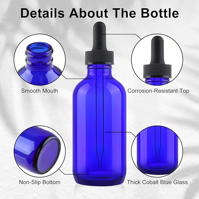 42 Pack 4oz Cobalt Blue Glass Bottles with Glass Eye Droppers for Essential Oils, Perfumes & Lab Chemicals (Brush, Funnels, 3 Extra Droppers, 48 Pieces Labels & 30ml Measuring Cup Included)