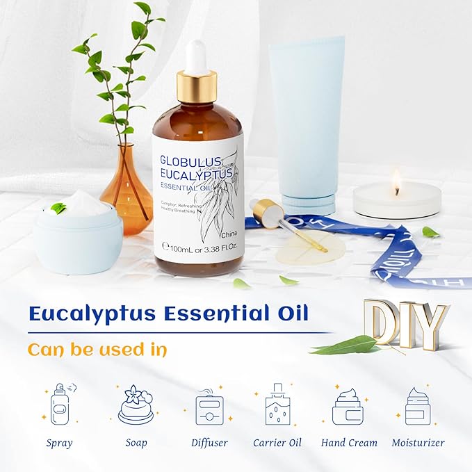 HIQILI 100ML Eucalyptus Essential Oil for Spray, Diffuser & Skin, 100% Pure Undiluted - 3.38 Fl Oz