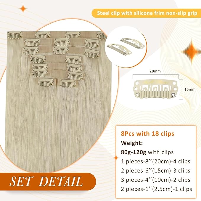 Full Shine Clip in Extensions Platinum Blonde Real Hair Extensions Clip in Human Hair Blonde Invisible Hair Extension with PU Weft Straight Hair 16 Inch 8 PCS 120 G