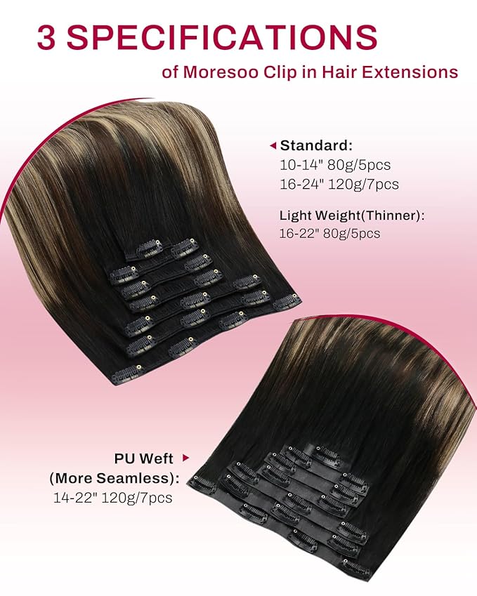 Moresoo Clip in Hair Extensions Balayage Double Weft Human Hair Clip in Extensions Ombre Black to Brown Mixed with Caramel Blonde 7pcs 120Grams 20inch