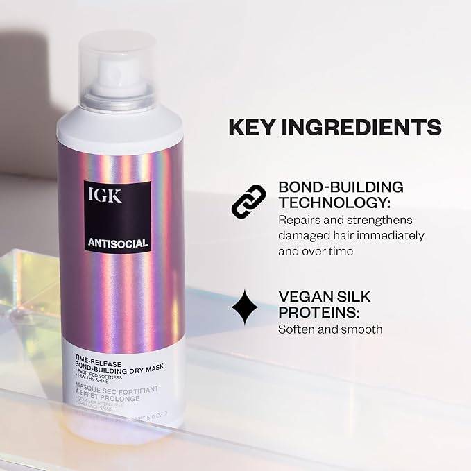 IGK Antisocial Bond-Building Dry Hair Mask, overnight dry hair mask for damaged hair, revive healthy hair, hair treatment, product for hair breakage, vegan protein treatment 5 Oz