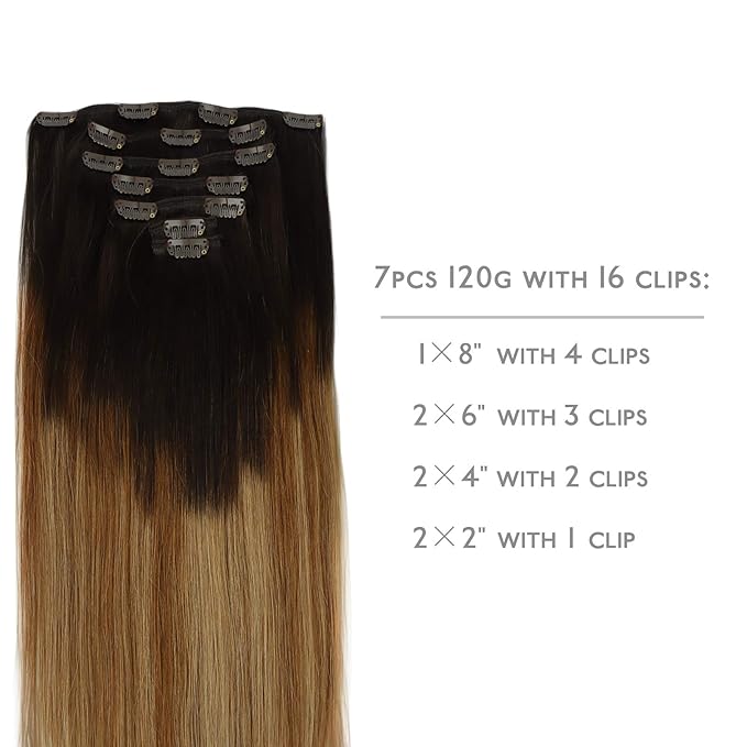 WENNALIFE Clip in Hair Extensions Real Human Hair, 24 Inch 120g 7pcs Dark Brown to Chestnut Brown and Dirty Blonde Highlighted Clip In Human Hair Remy Clip in Hair Extensions Double Weft