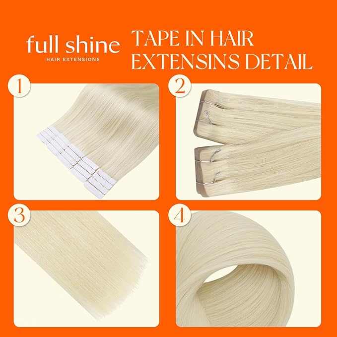 Full Shine Tape in Hair Extensions Color 60 Blonde Machine Remy Injected Tape in Extensions Double Sided Insert Seamless Invisible Human Hair for Women 16 Inch 20 Pcs 40 Grams Add Volume
