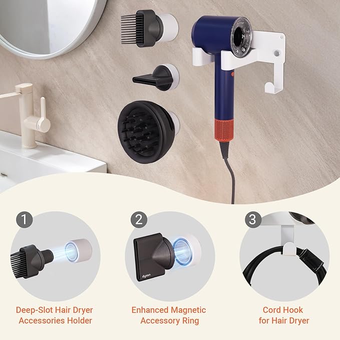 Hair Dryer Holder, Hair Dryer Holder Wall Mounted Self Adhesive Hairdryer Holder forDyson Aluminum Blow Dryer Holder Wall Mounted Black Hairdryer Hanger for Bathroom White CHOCHOYAH