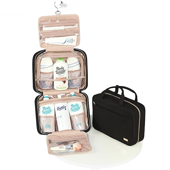 NISHEL Travel Toiletry Bag for women, Portable Hanging Organizer for Family-Sized Shampoo, Conditioner, Brushes Set, Makeup Accessories, Extra Large Size, Black