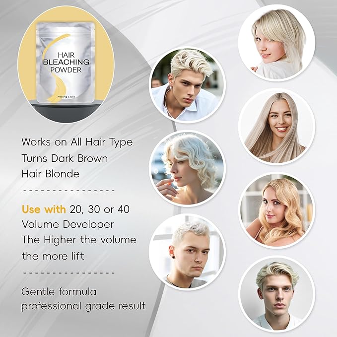 Bleach for Hair 100g / 3.53oz, Hair Powder Bleach, Ammonia-Free Formula Lifts up to 8, Removes Color Quickly and Evenly