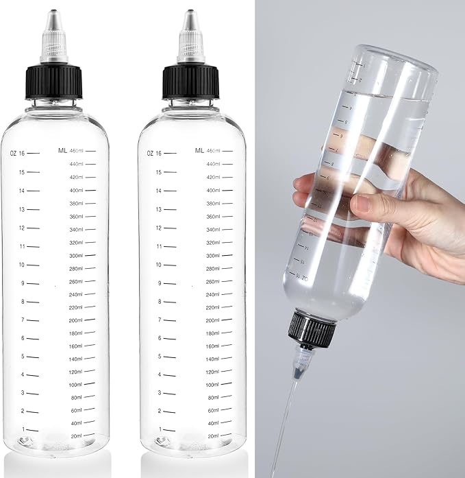 2 Pack Applicator Bottle for Hair 16.9oz Soft Squeeze Empty Oil Dispenser Hair Color Applicator Root Hair Dye PET Plastic Refillable Bottles for Salon Sylist with Graduated Scale and Twist Top