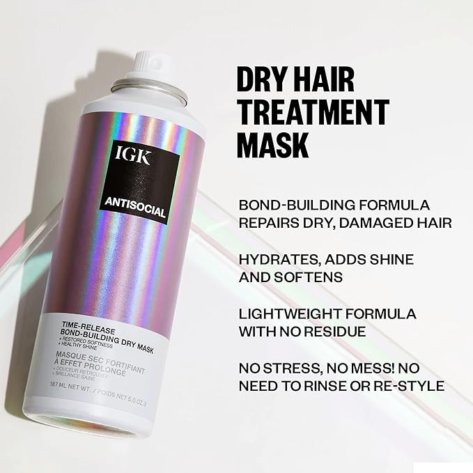 IGK ANTISOCIAL Bond-Building Dry Hair Mask Travel | Repair + Soften + Shine | Vegan + Cruelty Free | 1.7 Oz