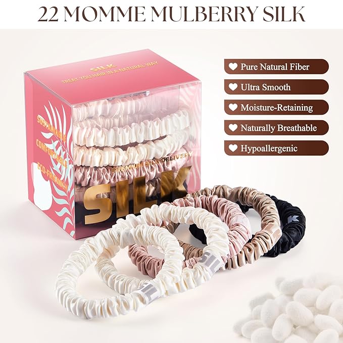 5 Pack Mulberry Silk Scrunchies for Women–22 Momme 6A Grade Hair Ties, Anti-Frizz & Anti-Breakage, Gentle & Safe for All Hair Types, Daily Styling&Overnight Care