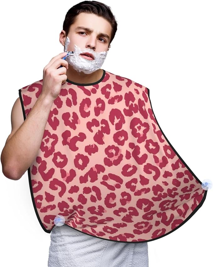 Non-Stick Beard Shaving Bib, Hair Catcher Apron with Suction Cups, Waterproof Grooming Tool for Men Husband, Pink Rose Gold Glitter Pattern Cheetah Leopard Print Shave Bib