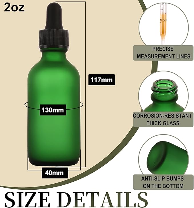 2oz Glass Dropper Bottle,Preety Texture Tincture Bottles with Precise Scales Eye Droppe,for All Kinds Of Mixed Liquids,Leak-Proof Design for Easy Travel (Green Frosted-48Pack)