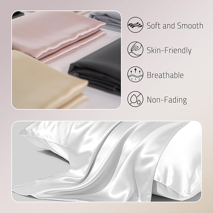 Mulberry Silk Pillow Cases Set of 2, Both Sides Real Silk Pillowcase for Hair and Skin Prevent Acne Pillowcase Organic Silk Pillowcases 2 Pack with Hidden Zipper, White, Standard (20"×26")