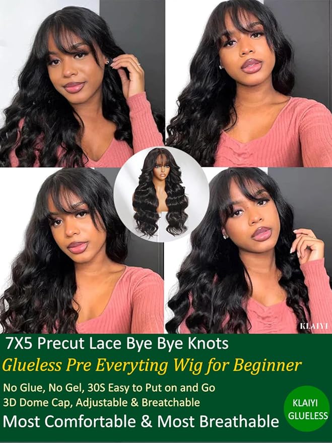KLAIYI Fluffy Body Wave Curtain Bang Wig Bye Bye Knots Glueless Pre Cut 7x5 Lace Front Wigs Human Hair Loose Wave Pre Bleached Pre Plucked Pre Everything 3S Easy to Wear and Go Wig 180% Density 18Inch
