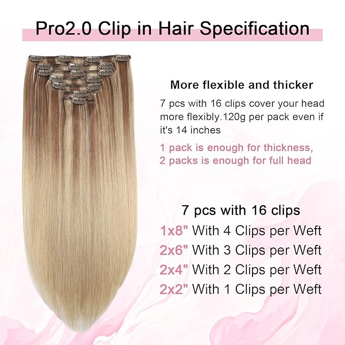 Pro2.0 Clip in Hair Extensions Real Human Hair 20inch 7pcs Color #10/16/16 Ash Brown to Caramel Blonde Remy Real Human Hair Extensions Clip ins 120g Thick Double Weft（#10/16/16-20inch）