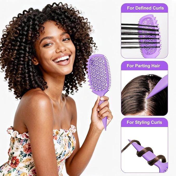 Curl Defining Brush for Thick Coily Hair, Firm-Bristle TPEE Detangling Brush for Coarse 4A–4C Curls, Dual-Sided Wide & Narrow Tooth Brush for Wet & Dry Curl Shaping– Women & Men (2054-Pale Lilac)