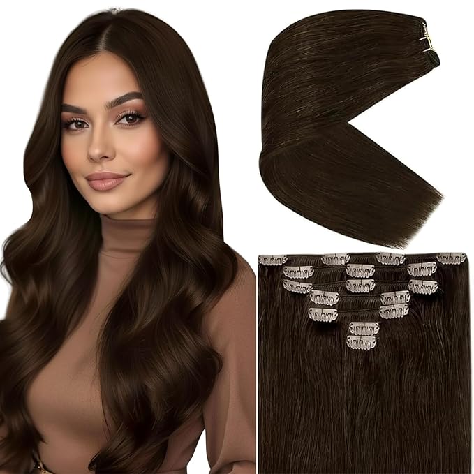 Ve Sunny Dark Brown Hair Extensions Clip ins for Women Human Hair Extensions Clip ins Real Human Hair 18Inch Thick End Clip in Hair Extensions Double Weft 120g