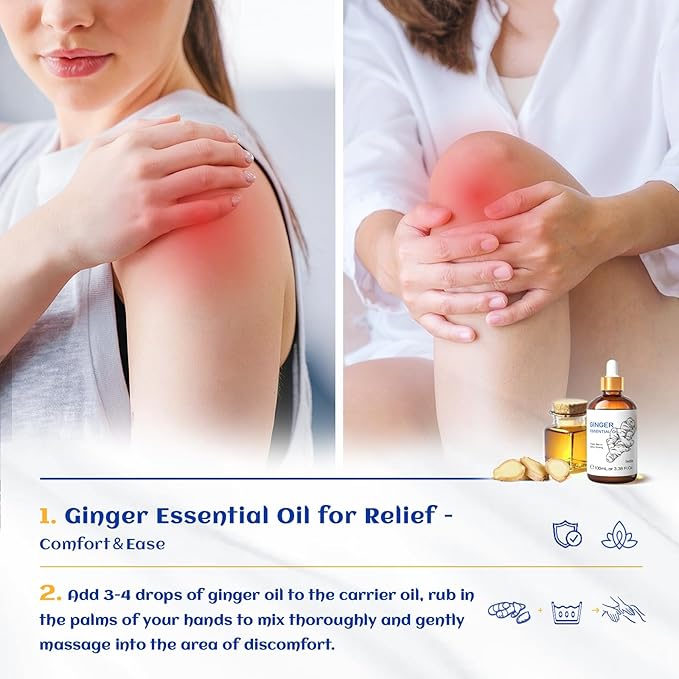 HIQILI Pure Ginger Essential Oil 3.38 Fl Oz, Pure Natural Premium Ginger Oil for Massage, Diffuser, Large Bottle with Dropper & Gift Box -100ml