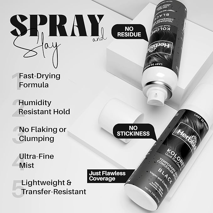 Herbishh Koloret Quick Root Touch Up Hair Color Spray Black (74.5g), Instant Gray & Black Root Cover Up, Temporary Hair Color Spray, Lightweight Non-Sticky Dye Mist, Travel Aerosol