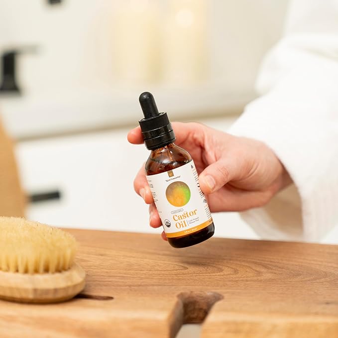 Organic Castor Oil, Cold Pressed in Glass Bottle for Naturally Nourishing Hair Care and Skincare, USDA Certified Organic 100% Pure Castor Oil, Hexane Free, 2 Fl Oz.