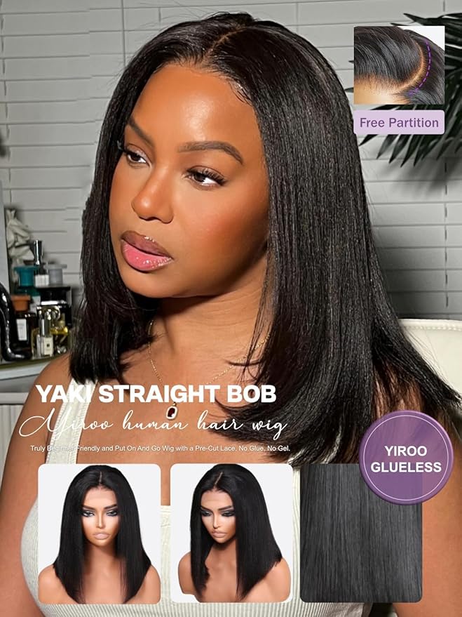 YIROO Yaki Straight Bob Human Hair Drawstring Wigs Pre Cut 7x5 HD Lace Front Wig Bye Bye Knots Glueless Yaki Short Bob Human Hair Wigs Pre Plucked Invisible Knots 150% Density Ready to Go 12Inch