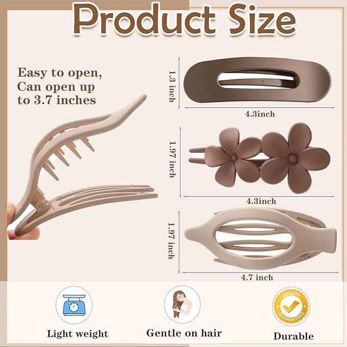 6 PCS Flat Hair Clips, French Lay Flat Claw Clips for Women Girls, 3 Styles Strong Hold Non-slip Matte Hair Claws for Thin Thick Hair(Black&White)