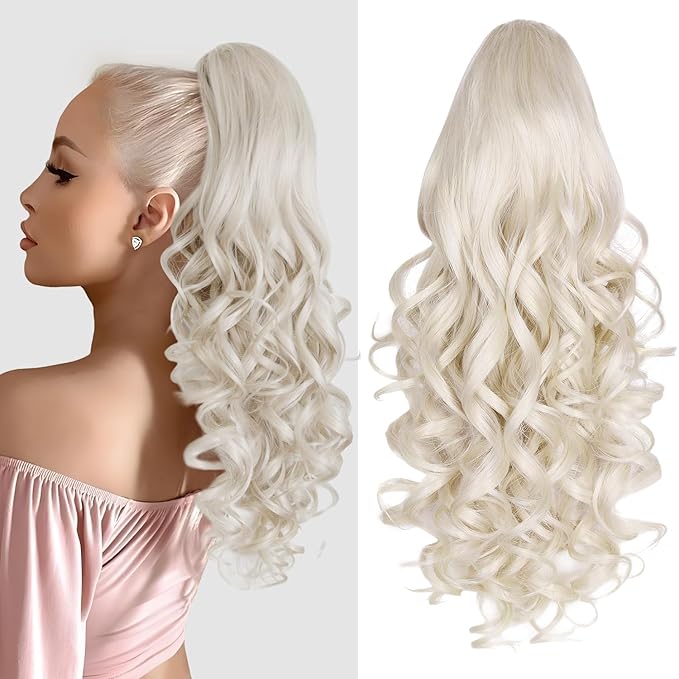24 Inch Ponytail Extension, Layered Ponytail Extensions for Women, Soft Wavy Claw Clip in Ponytail Extension, Natural Synthetic Hair Pieces for Women (Color: Platinum Blonde)