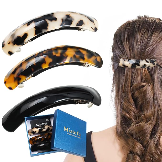 Large Hair Barrettes for Women Beautiful Lines Simple Retro Classic Snap French Hair Clips, Fashion Hair Accessories for Women Thick Hair 3 Pcs (HJ-Tortoise Shell)