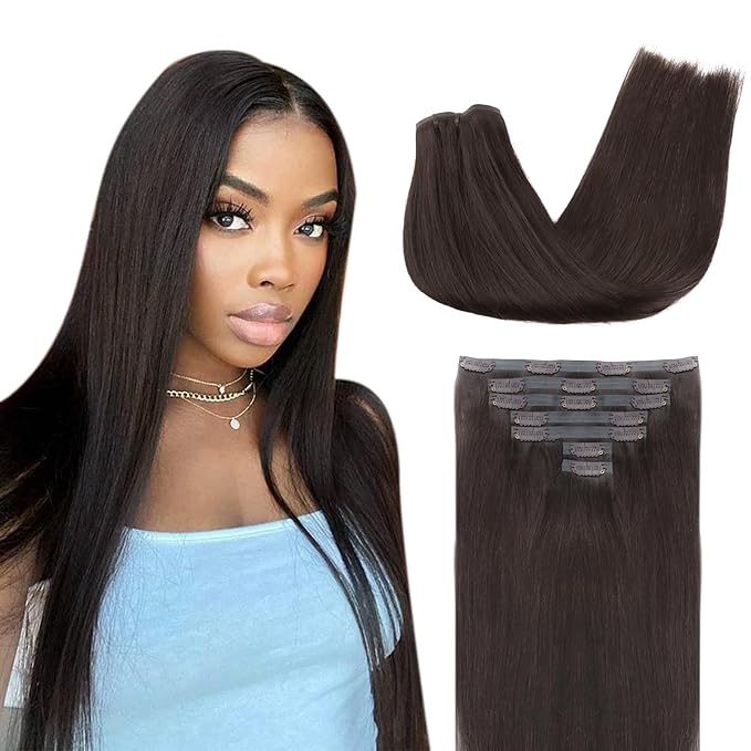 Lashey Seamless Clip in Hair Extensions Real Human Hair, #2 Dark Brown Straight 110g 7pcs 22 Inch Soft Long Hair Extensions with 100% Real Human Hair for Black Women