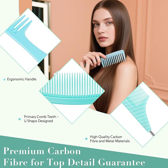 SALONSILK Mint Green 4PCS Professional Comb Set, Wide Tooth Rat Tail Fine Tooth Hair Combs, Braiding Cutting Barber Styling Curly Parting Set for Men and Women