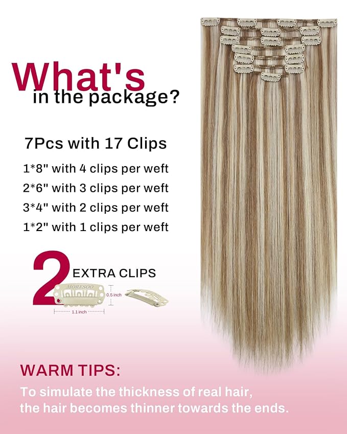 Moresoo Clip in Hair Extensions Blonde Highlight Straight Real Hair Extensions Clip in Human Hair Light Brown with Blonde for Party Women Full Head 7pcs 120g 18inch