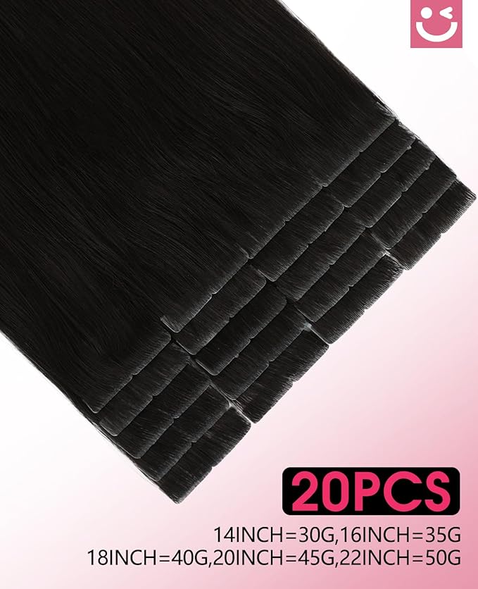 Youngsmile Injection Tape in Hair Extensions Human Hair, #1B Natural Black Invisible Tape in Injected Hair Extensions, 20pcs 45g, 20 Inch Injected Tape Ins Straight Extensiones De Cabello (#1B,20'')