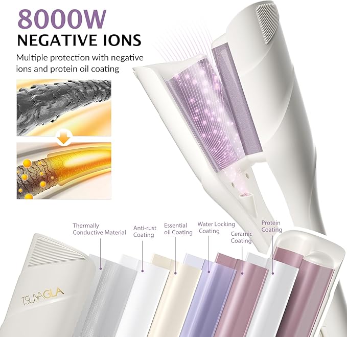 Hair Waver Crimper - TSUYAGLA 1.42 Inch Beach Waves Curling Wand, 2 Barrel Ionic Deep Waver Hair Curler Tool for Women, Anti-Scald Protection, Fast Heating, Dual Voltage, White
