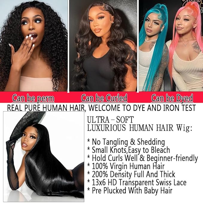 13x6 Lace Front Wigs Human Hair 24 Inch Straight HD Lace Front Wigs for Women 200 Density Pre Plucked Glueless Wigs Human Hair with Baby Hair Natural Color