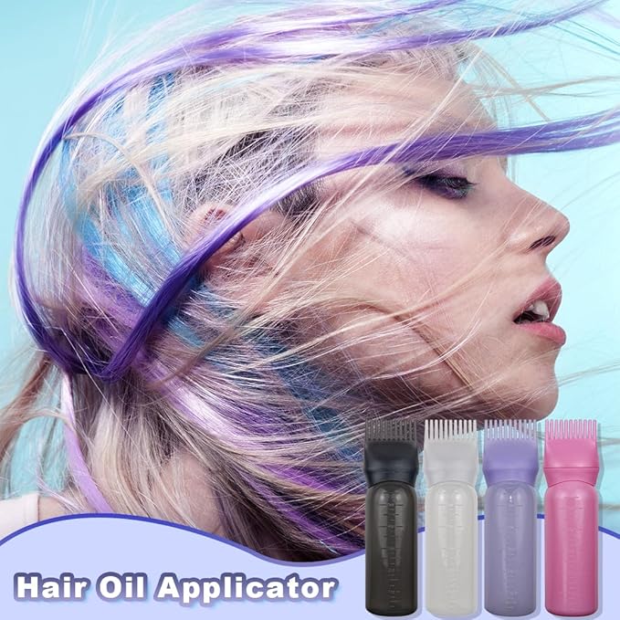 4 Pack Root Comb Applicator Bottle, Hair Oil Applicator, Oil Comb Applicator Bottle for Hair Dye Shampoos Hair Salons (Black+White+Purple+Pink)