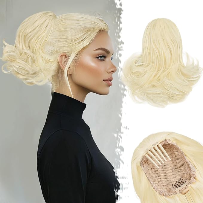 BARSDAR Short Ponytail Extension - 10 Inch Loose Curly Wavy Drawstring Comb Clip Pony Tails Hair Extensions for Women, Synthetic Clip in Ponytails Hairpieces - Platinum Blonde