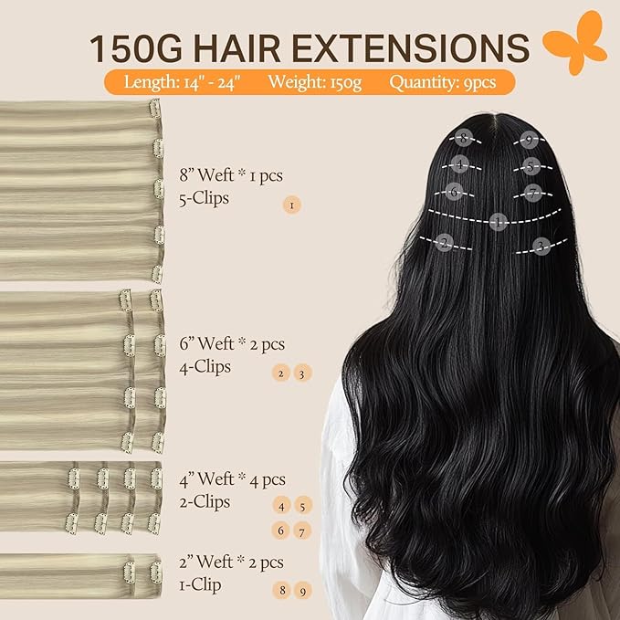 DOORES Clip in Human Hair Extensions - Ash Blonde Highlighted Platinum Blonde, 150g 9pcs 14 Inch Remy Straight Natural Thick Real Hair