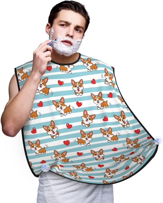 Strong Suction Cup Beard Grooming Bib, Non-Stick Hair Catcher, Waterproof, for Shaving, Cute Cartoon Lovely Corgi Dogs and Hearts