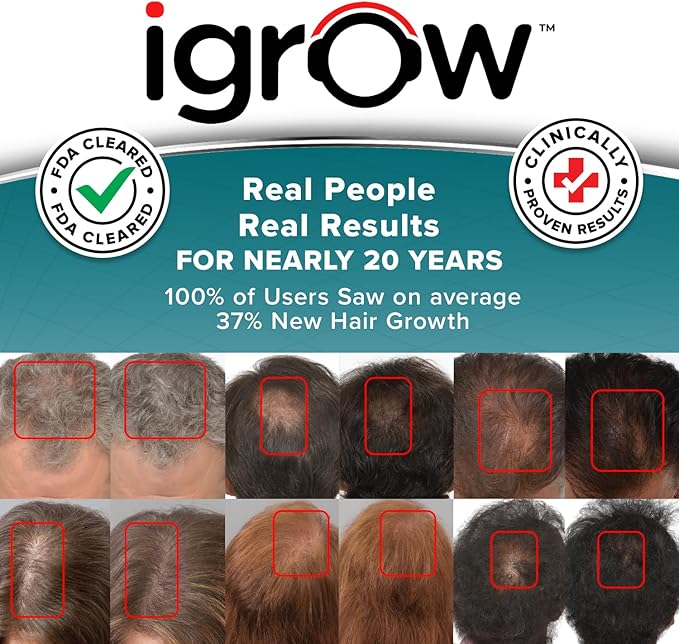 iGrow Laser Hair Growth System - Red Light Therapy, Clinically Proven, FDA Cleared Laser Cap Hair Growth for Men & Women