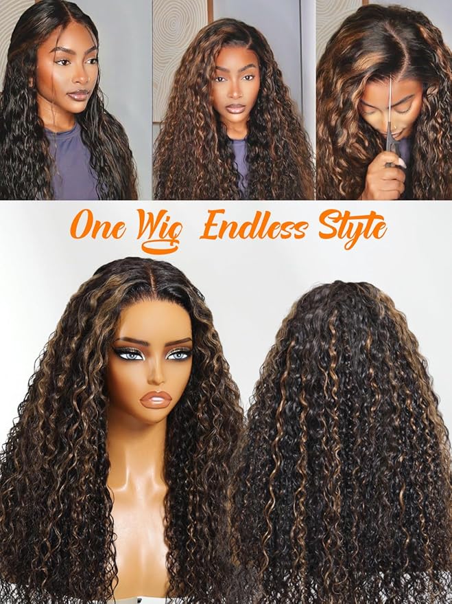 Julia Hair Golden Brown Highlight Water Wave and Jerry Curly Wig Mixed Curls 13X4 Lace Front Pre Everything Wigs Glueless Human Hair Lace Frontal with Invisi Drawstring Ready to Go 22 Inch